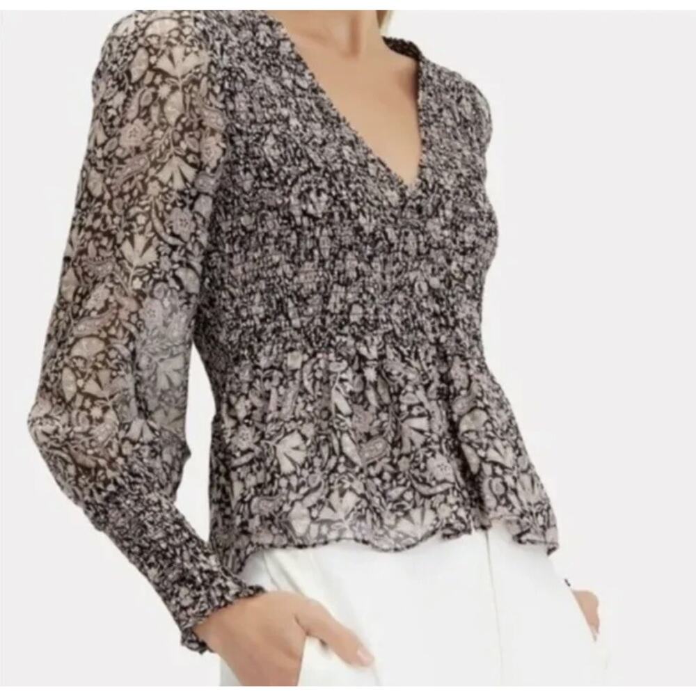 Intermix Silk Blouse •S• Sheer Smocked Black Lavender Floral V Neck Puff Sleeve
